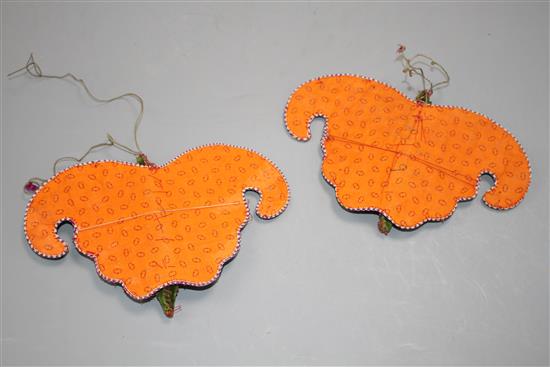 A pair of Chinese metal thread embroidered green velvet butterfly decorations, W. 17cm